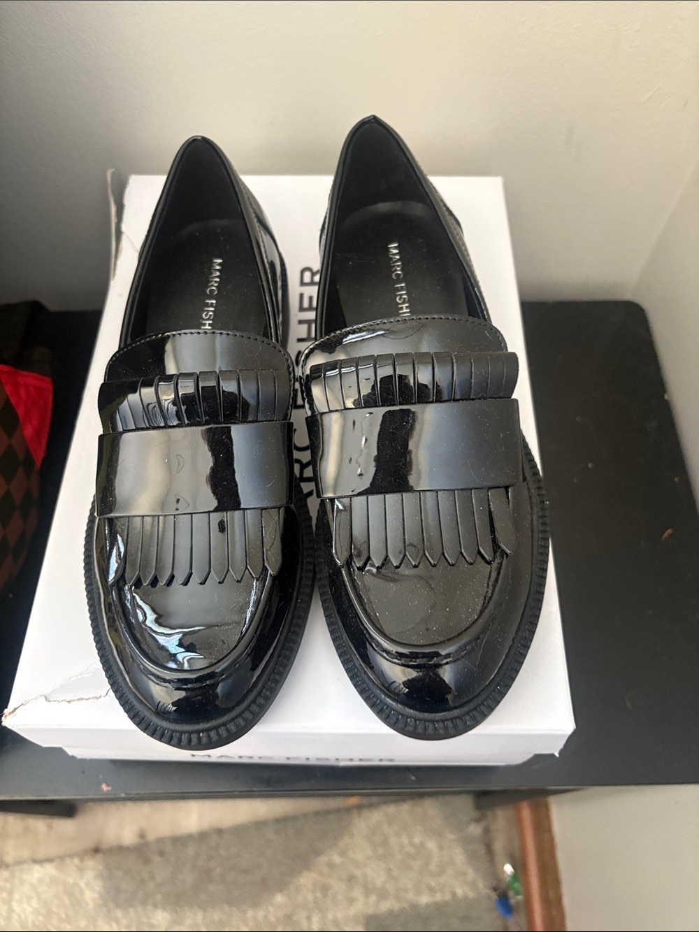 Marc Fisher Black Patent Kiltie Penny Loafers